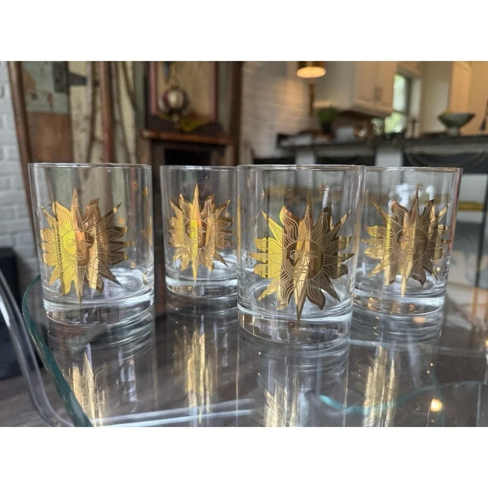 Vintage Culver Celestial Gold Sun Moon Stars Rocks Glasses Set of 4 MCM